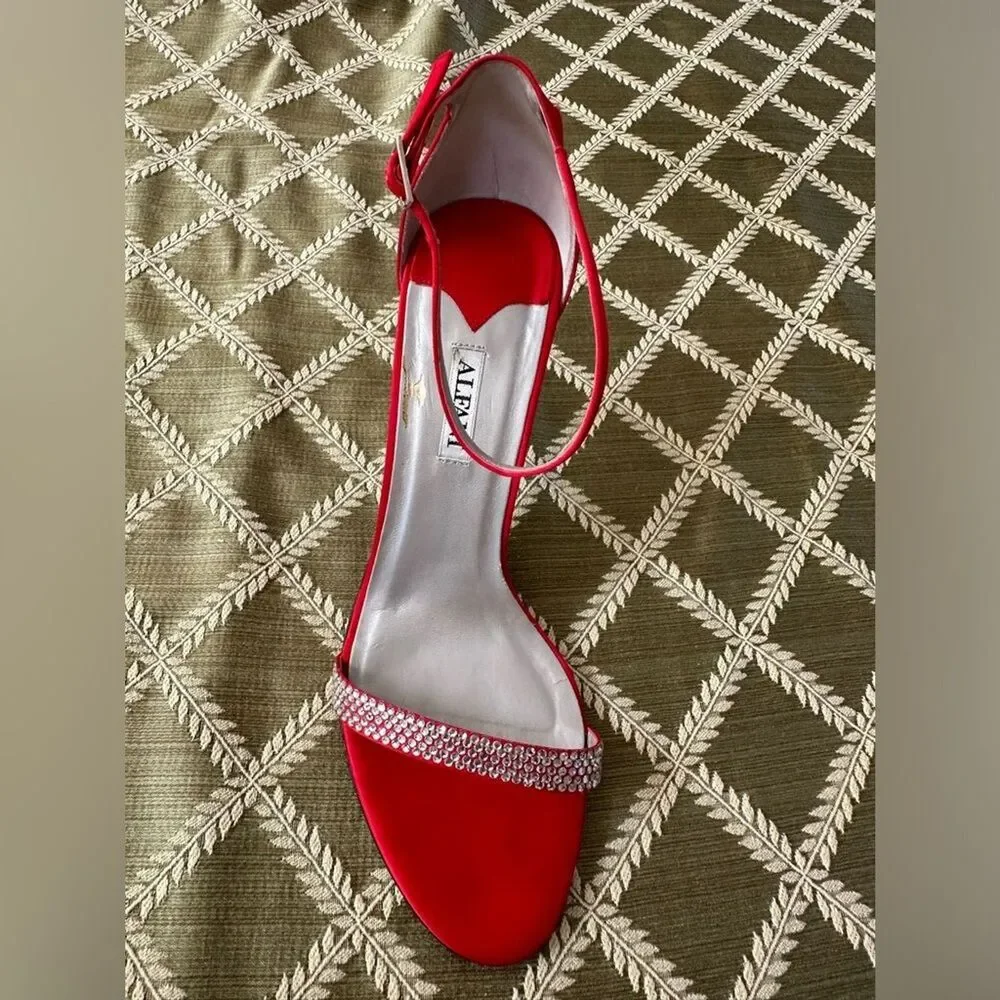 Alfani Ashton Red High-Heels with Rhinestones Ankle Strap 10M Shoes 3 1/2” Heel